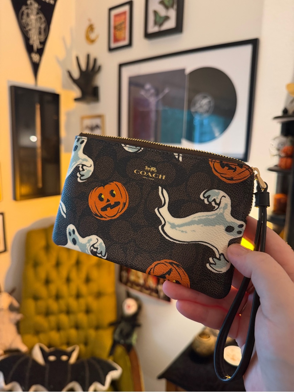 Coach Black Wristlet with White Ghosts & Orange Pumpkins